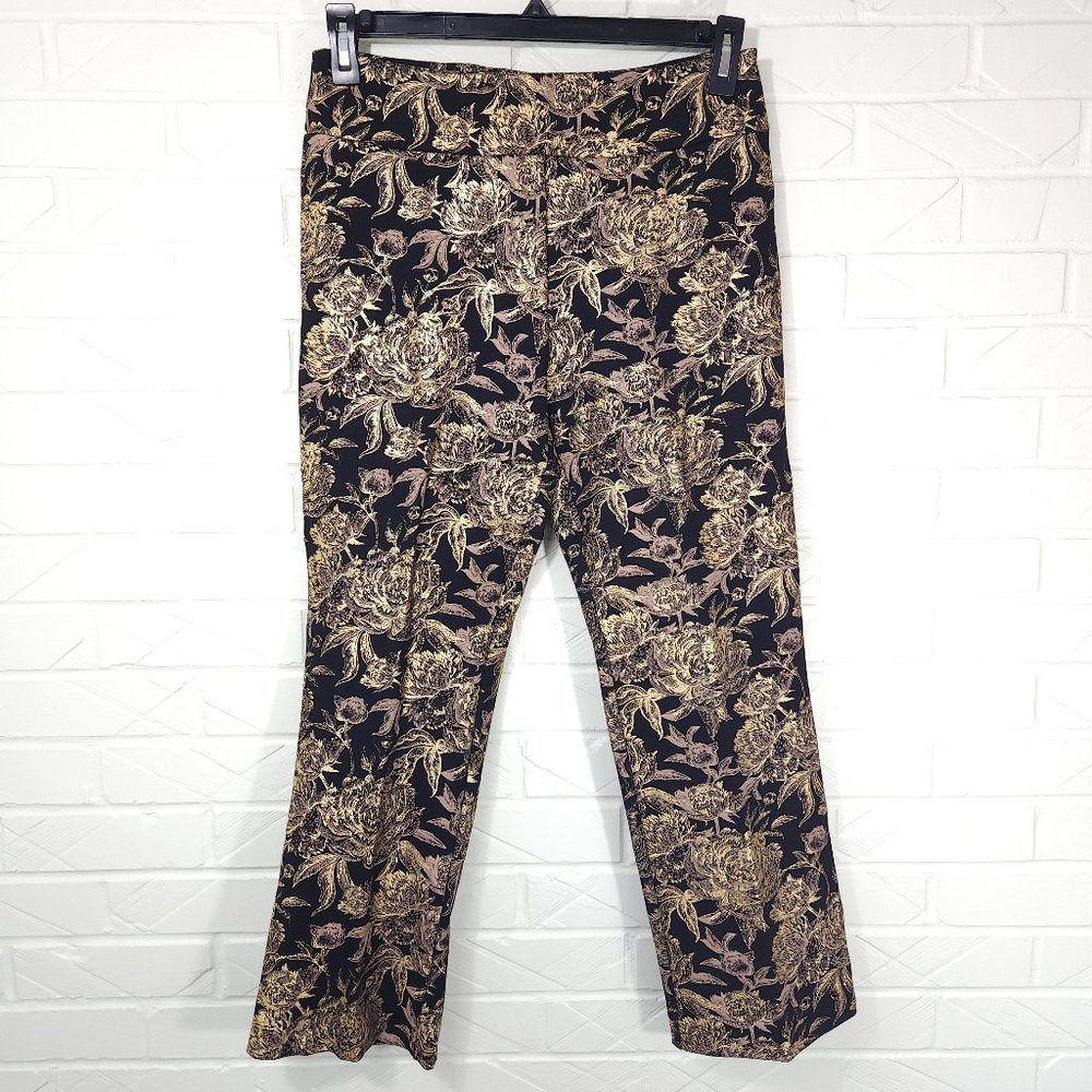 Soft Surroundings Moonstruck Black and Gold Floral Stretch Pull On Crop Pants M